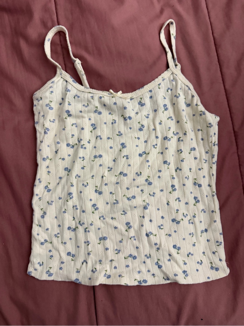 H&M White Ribbed Camisole Tank Top with Blue Floral Print